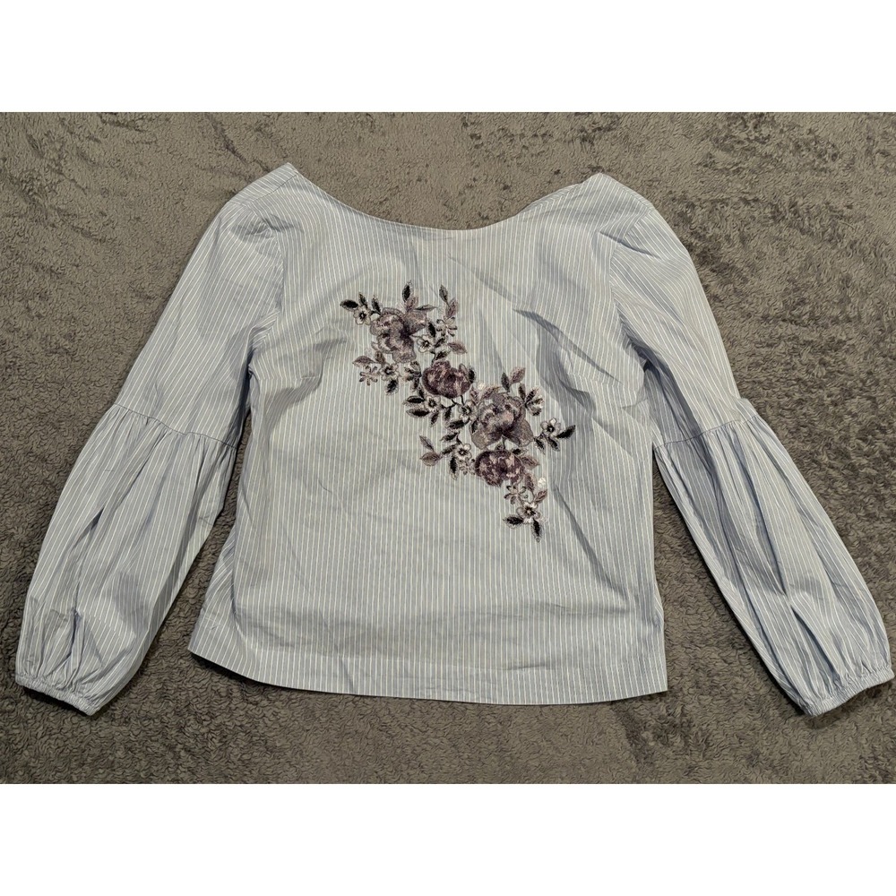 White House Black Market Top Womens 8 Striped Floral Embroidered Blue White